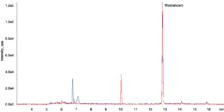 LC-MS/MS Pesticides (Thiobencarb ) - NY Filter in Chili Exacts for the comparison of with/without Filter Vial