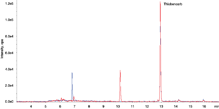 LC-MS/MS Pesticides (Thiobencarb )- No Filter in Chili Exacts for the comparison of with/without Filter Vial