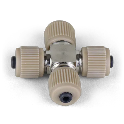 Cross Assembly, SS, 0.010" thruhole, joins four 1/32" OD tubing w/Fittings (MAX 15,000 psi / 1034 bar), ea