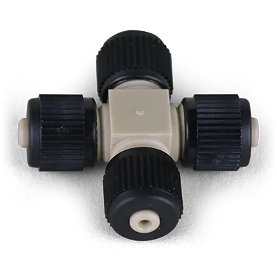 Cross Assembly, PEEK, 0.006" thruhole, joins four 360um OD tubing w/Fittings (MAX 5,000 psi / 345 bar), ea