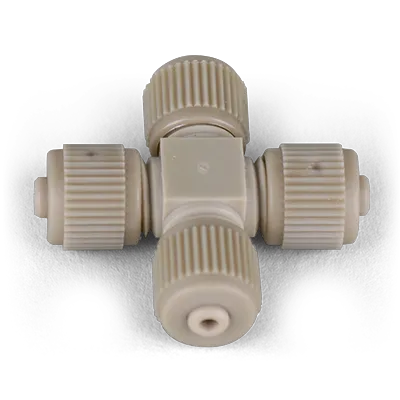 Cross Assembly, PEEK, 0.006" thruhole, joins four 1/32" OD tubing w/Fittings (MAX 5,000 psi / 345 bar), ea
