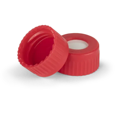 Verex Cap (pre-assembled), 9mm, w/, Bonded-in PTFE/Silicone septa, red, 100/Pk