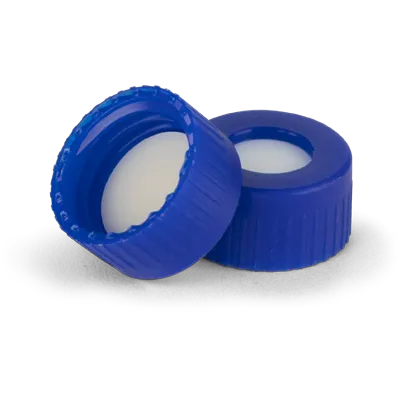 Verex Cert+ Cap (pre-assembled), 9mm, w/, Bonded-in PTFE/Silicone septa, blu, 100/Pk