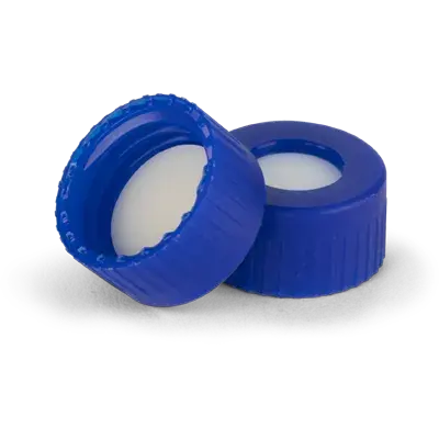 Verex Cert+ Cap (pre-assembled), 9mm, w/, Bonded-in PTFE/Silicone septa, blu, 100/Pk