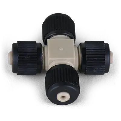 Cross Assembly, PEEK, 0.006" thruhole, joins four 360um OD tubing w/Fittings (MAX 5,000 psi / 345 bar), ea