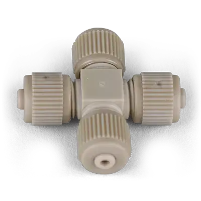 Cross Assembly, PEEK, 0.006" thruhole, joins four 1/32" OD tubing w/Fittings (MAX 5,000 psi / 345 bar), ea