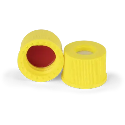 Verex Cap (pre-assembled), 8-425, w/, PTFE/Silicone septa, Yellow w/Flange, 1000/Pk