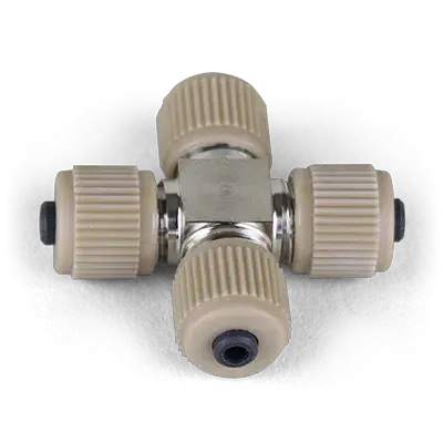 Cross Assembly, SS, 0.010" thruhole, joins four 1/32" OD tubing w/Fittings (MAX 15,000 psi / 1034 bar), ea
