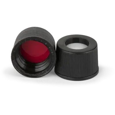 Verex Cap (pre-assembled), 10-425, w/, Bonded-in PTFE/Silicone septa, blk, 100/Pk