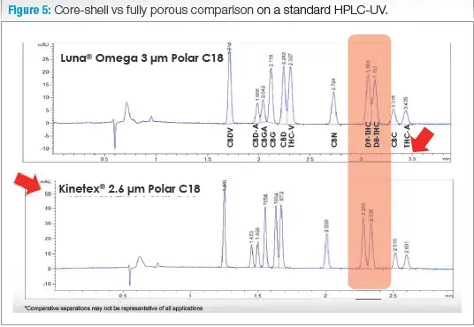 Core-shell vs fully porous comparison on a standard HPLC-UV